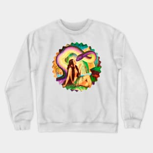 giant snake next to a beautiful brunette woman Crewneck Sweatshirt